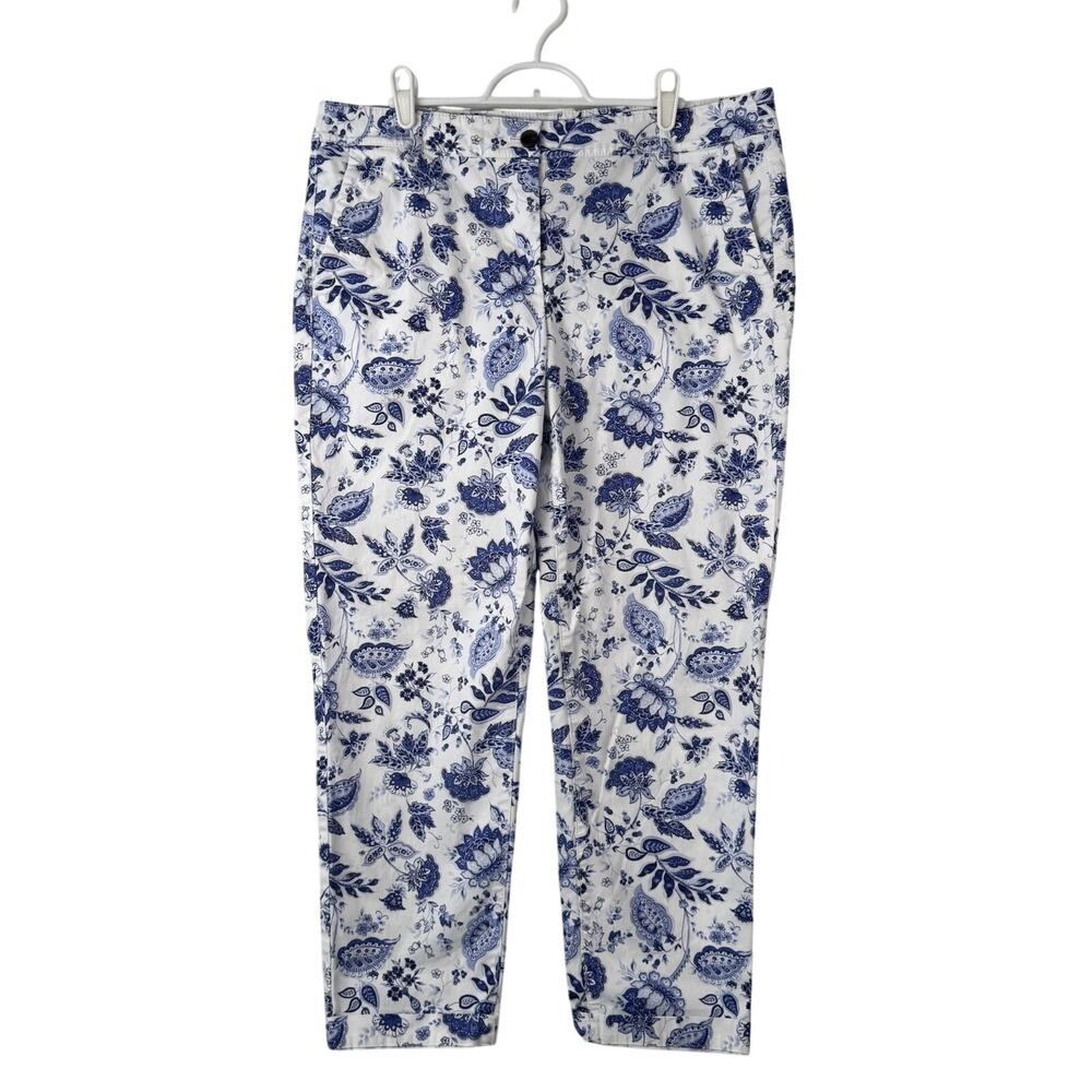 Talbots Crop Chino Pants Womens Sz 12 Blue White Floral Paisley Cuffed Mid Rise